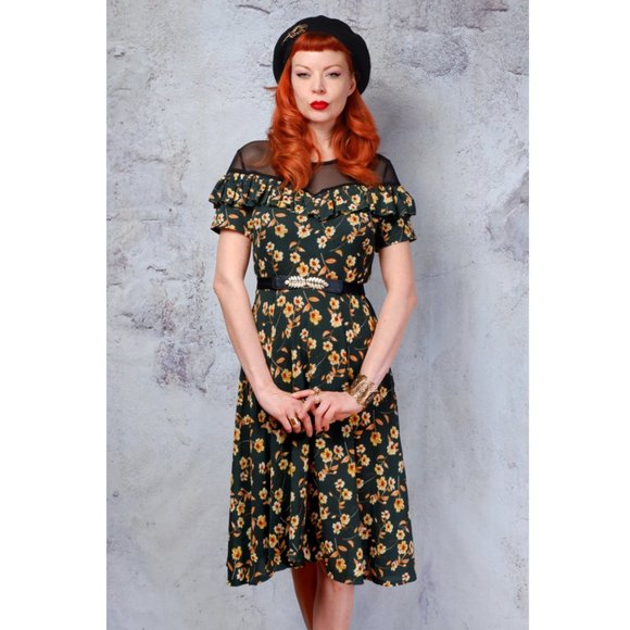 Green floral sheer neckline rockabilly dress 1950s - Picture 4 of 6